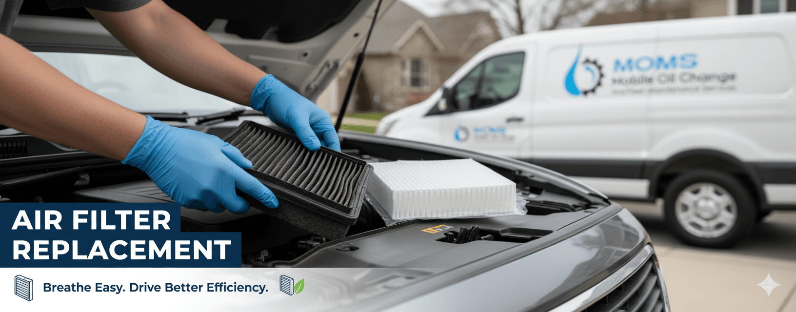 Technician replacing air filters and wiper blades during mobile maintenance