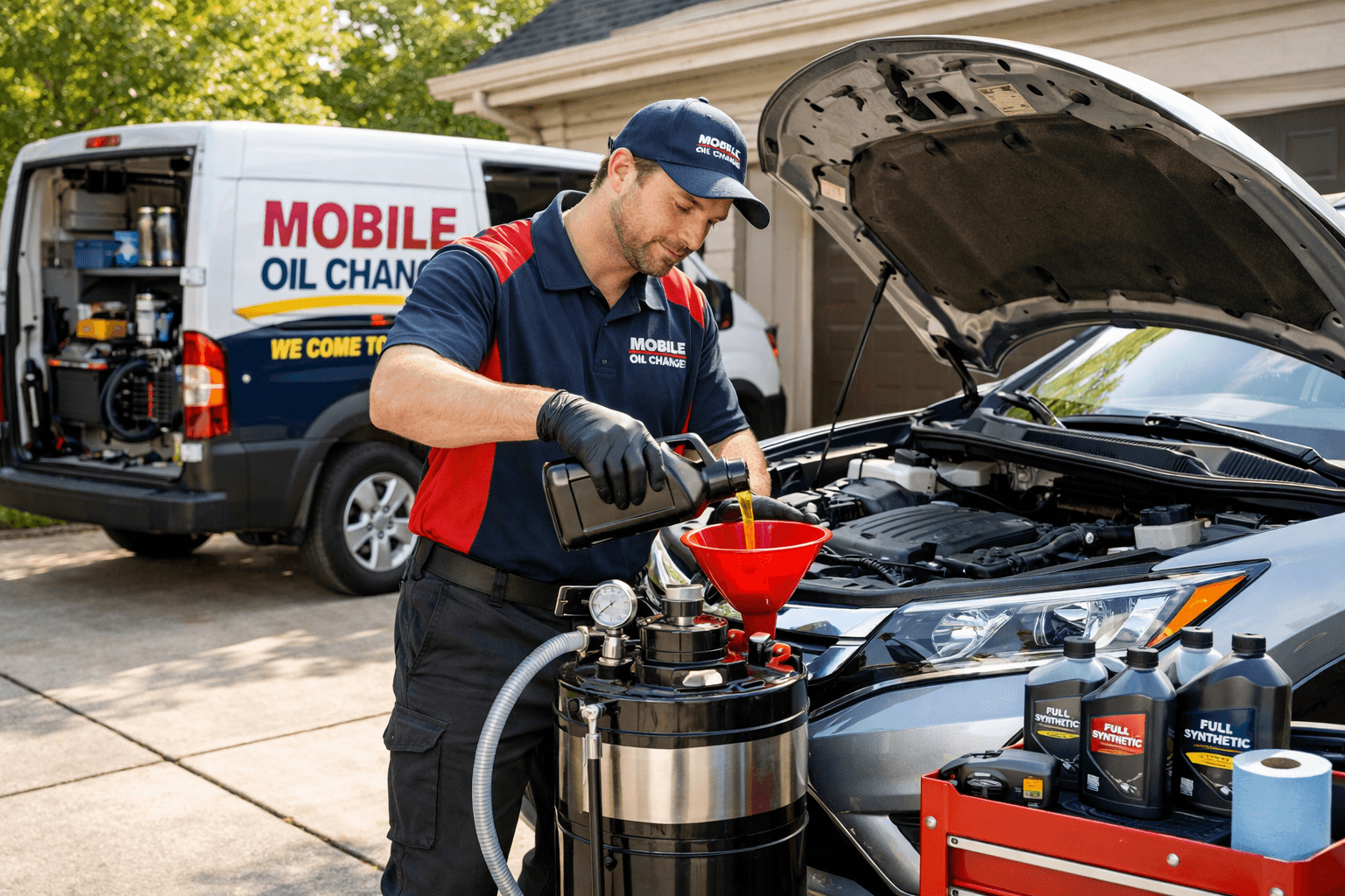 MOMS Mobile Oil Change van in a suburban driveway