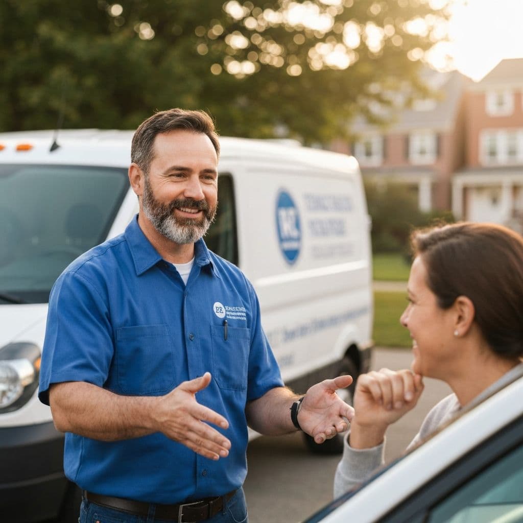 Service technician talking with a customer beside her car with a service van behind