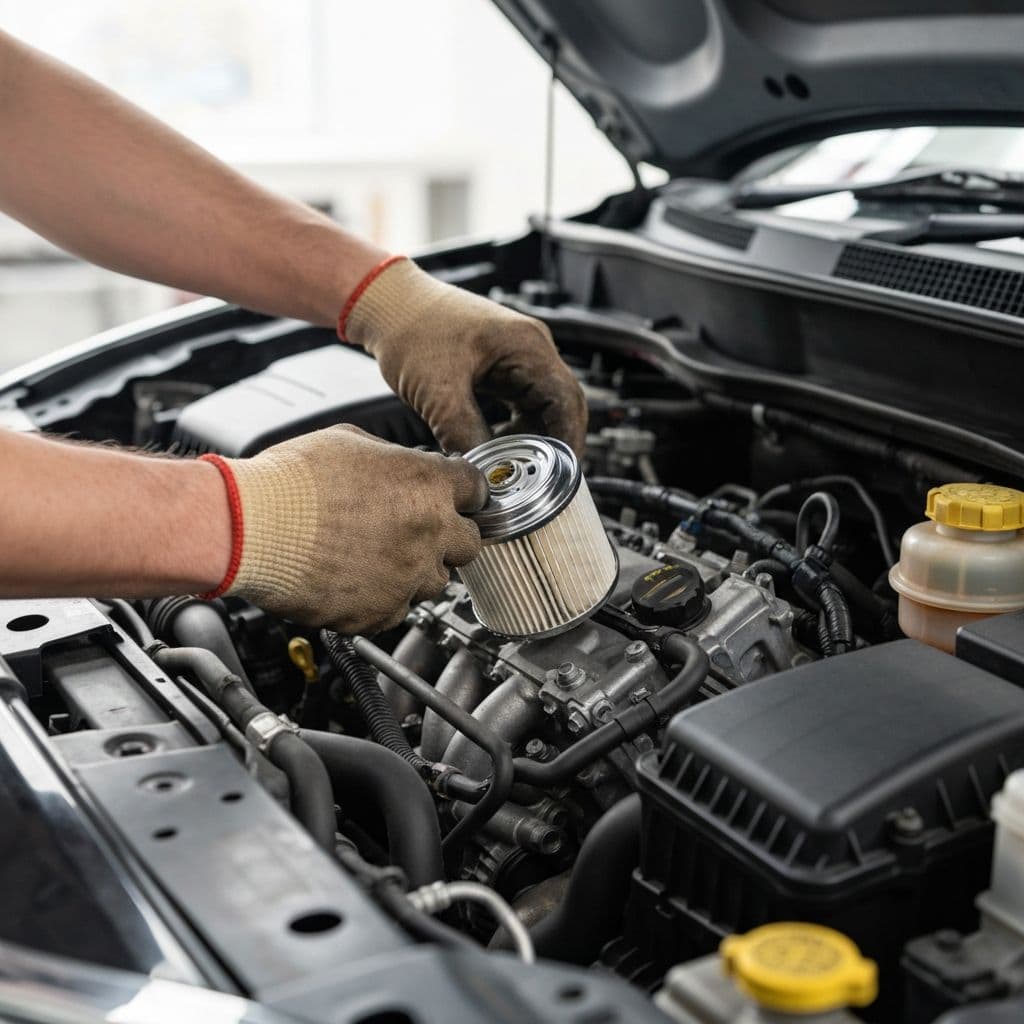 Gloved hands installing a new oil filter on a car engine