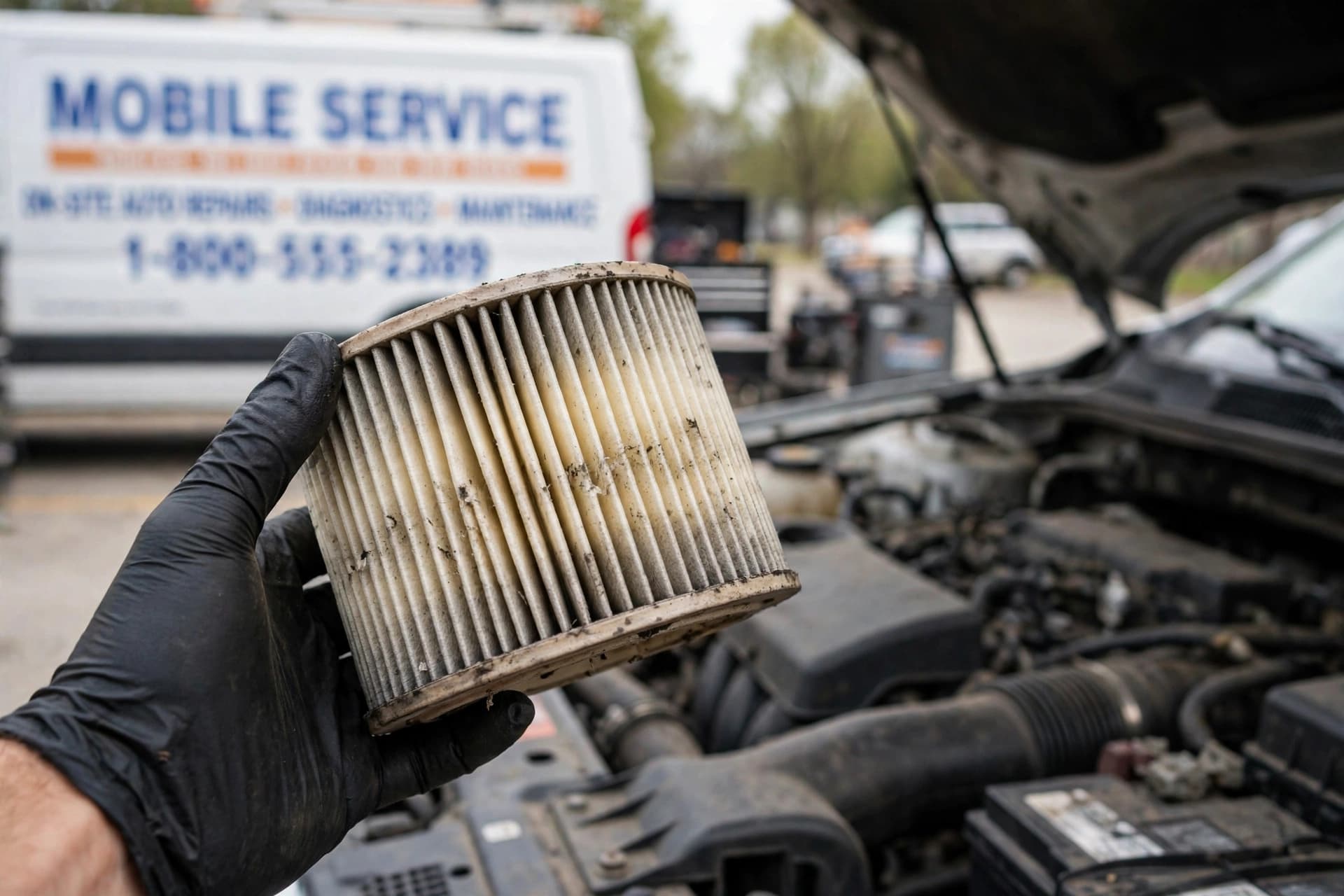 Replacement automotive air filter ready for installation during mobile service