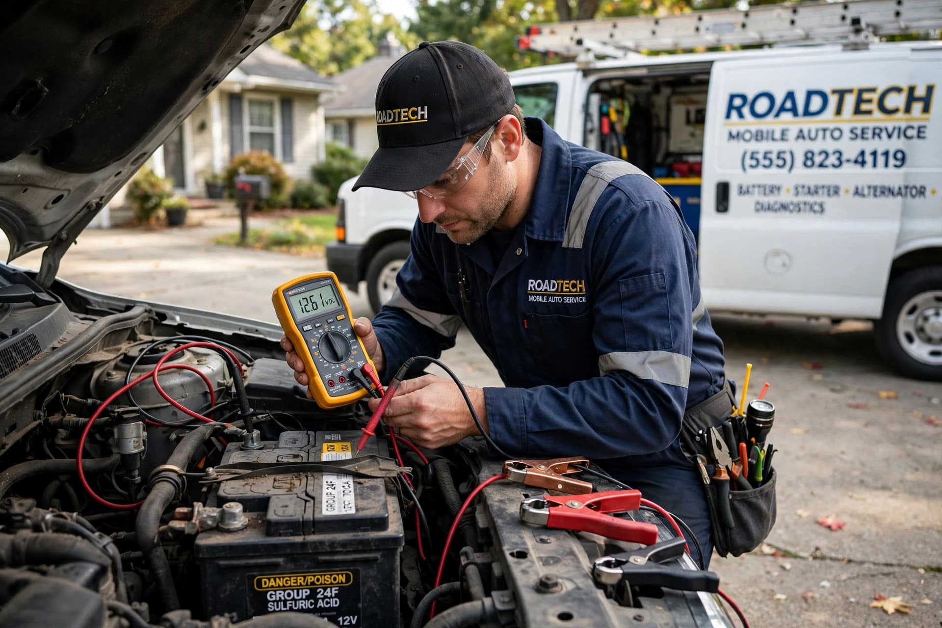 Vehicle battery service performed by a mobile technician