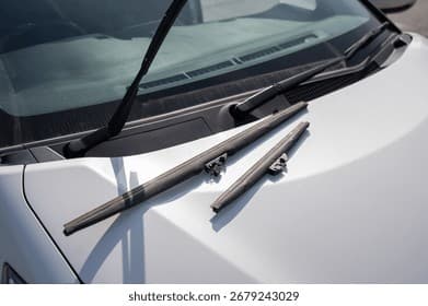 New windshield wiper blades resting on a vehicle hood prior to replacement