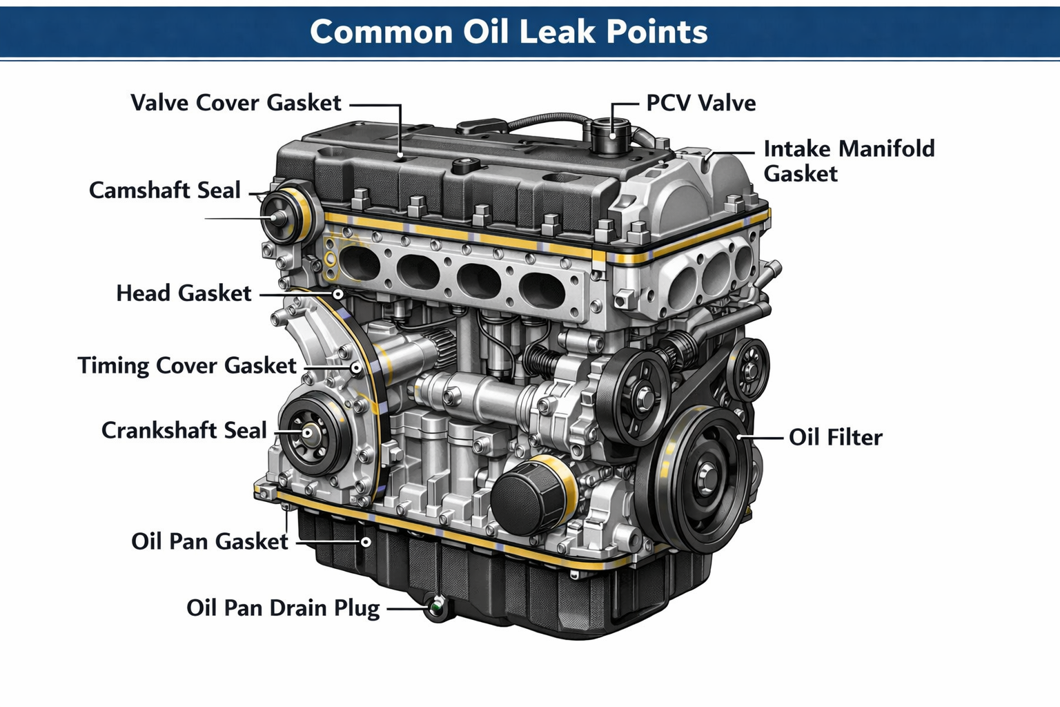 Common engine oil leak points diagram